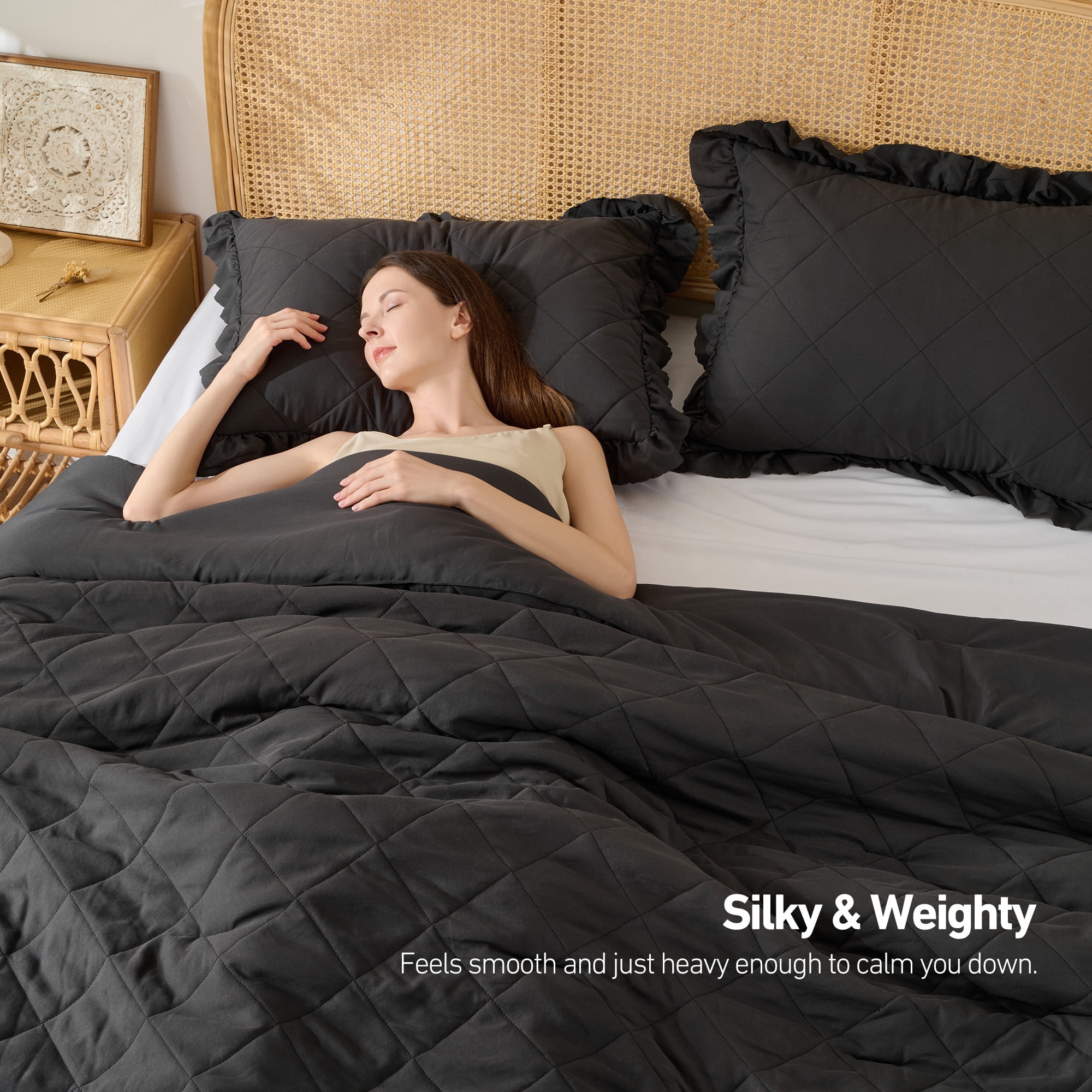 Regency Heights Twin/Twin XL Comforter Set Black, 2 Pieces Quilted Ruffle Comforters Twin/Twin XL Size, Solid Bedding Comforters Sets, Gift for Women