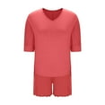 thumbnail image 5 of Caywon Ladies' Casual Loose V-Neck Three Quarter Sleeve Sleeved Lace Shorts Pajama Set Casual Solid Color Oversized Shirts Biker Shorts(Red,L), 5 of 6