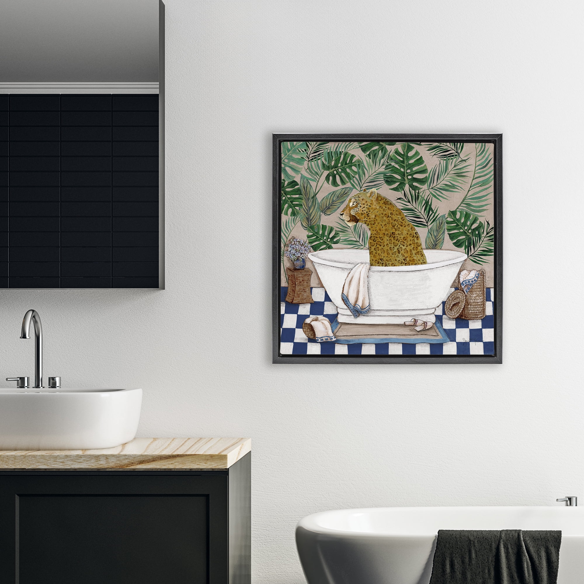 Stupell Industries Leopard in Tropical Bathtub Black Framed Floater Canvas Wall Art, design by Janet Tava
