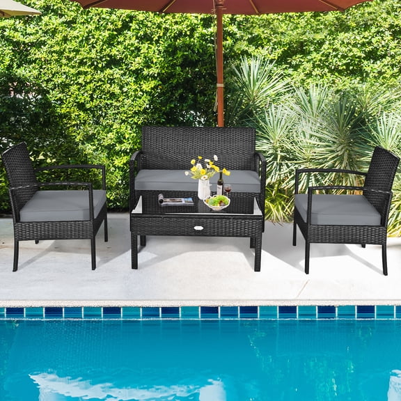 Gymax Ensemble de Mobilier de Patio et de Jardin en Rotin Osier 4 Pcs Noir