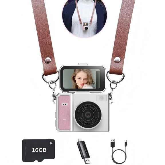 Mini Flip Screen Digital Camera 48MP 2K Vlogging Camera with Filters, 16GB Memory Card, Card Reader & OTG Adapter, Rechargeable Portable Selfie Camera for Daily Shooting