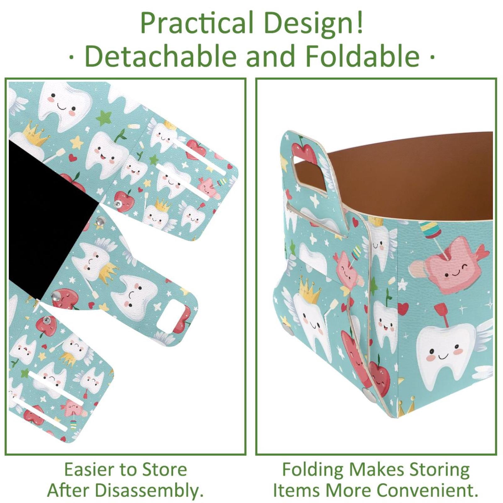 Cartoon Tooth Fruits Storage Basket Collapsible Storage Bin, PU Foldable Basket Convenient Box Storage Organizer with Handles for Shelves Office Bedroom Closet Nursery Toys Laundry