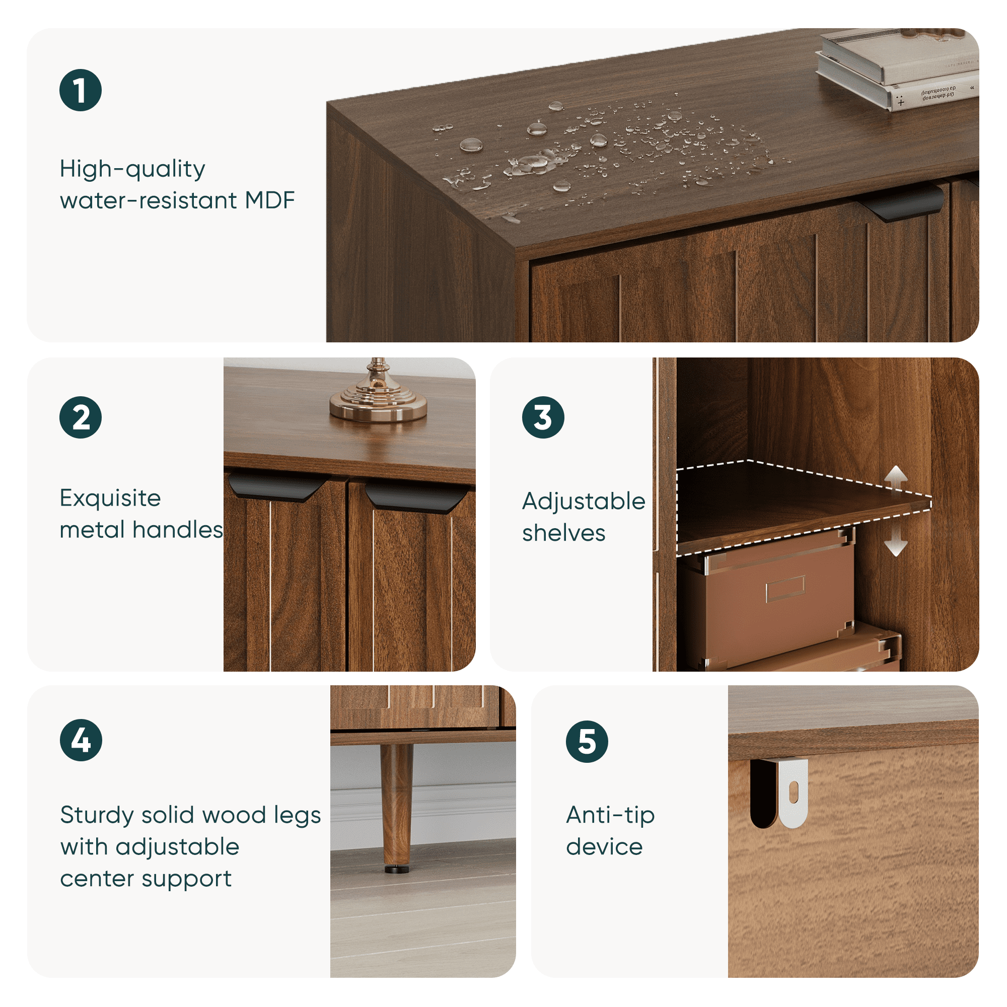 55-Inch Sideboard Serving Cabinet, Mid-Century Modern Style Wooden Entryway Cabinet, Four-Door Storage Unit With Metal Handles, Sturdy Solid Wood Legs