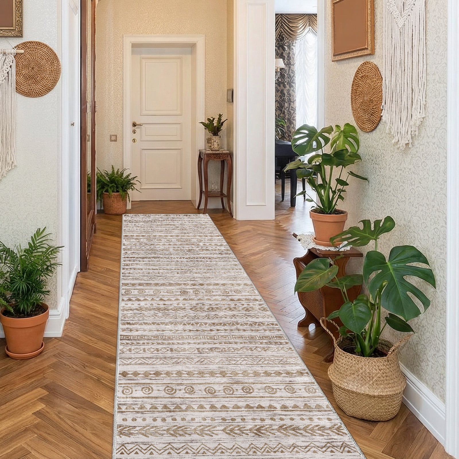 Boho 2'x8' Washable Hallways Rug, 2x8FT Runner Rug with Rubber Backed, Vintage Runners for Laundry Non Slip Carpet Khaki Lightweight Door Mat Indoor Entrance