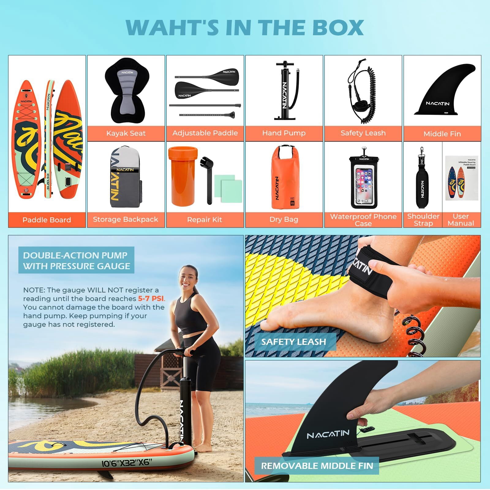 10'6" Inflatable Paddle Board with Kayak Seat Nacatin Stand-Up Paddleboard with Premium SUP Board Accessories Kit and Backpack