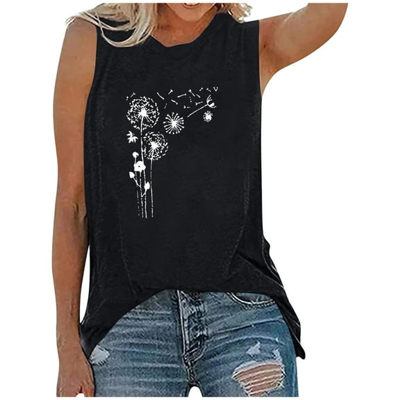 Wycnly Womens Tank Tops Casual Lightweight Breathable Loose Fit Pullover Vest Tees Tops Summer Trendy Dandelion Print Round Neck Sleeveless Shirts Blouse Black XXL