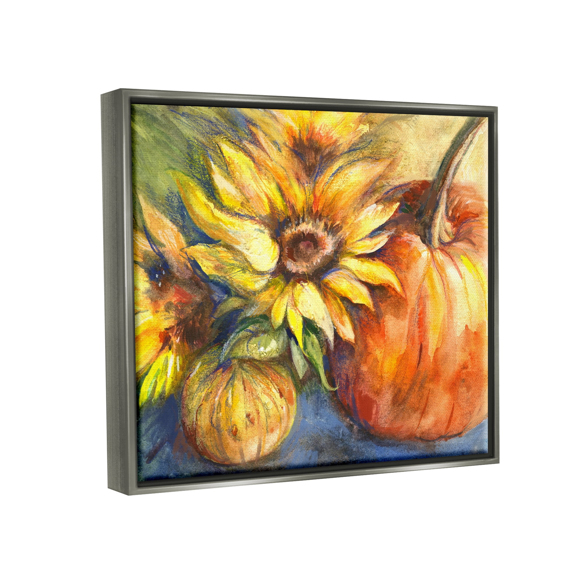 Stupell Industries Fall Sunflowers & Gourds Botanical & Floral Painting Gray Floater Framed Canvas Art Print Wall Art, 31 x 25