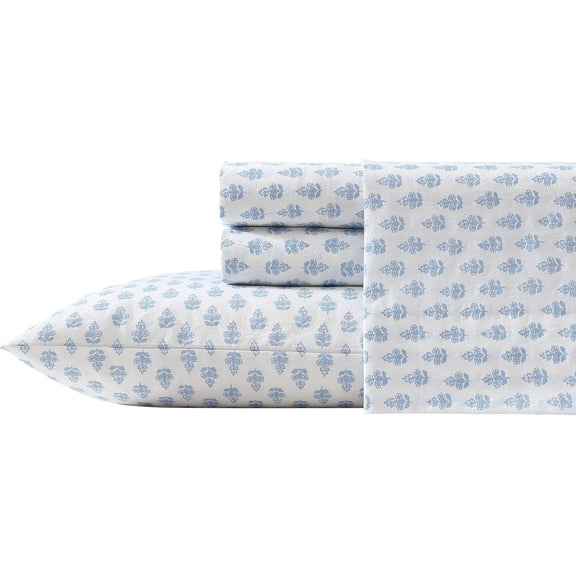 Queen Size 100% Cotton Percale Sheet Set with Deep Pocket Fitted Sheet and Matching Pillowcases in Francesca Blue