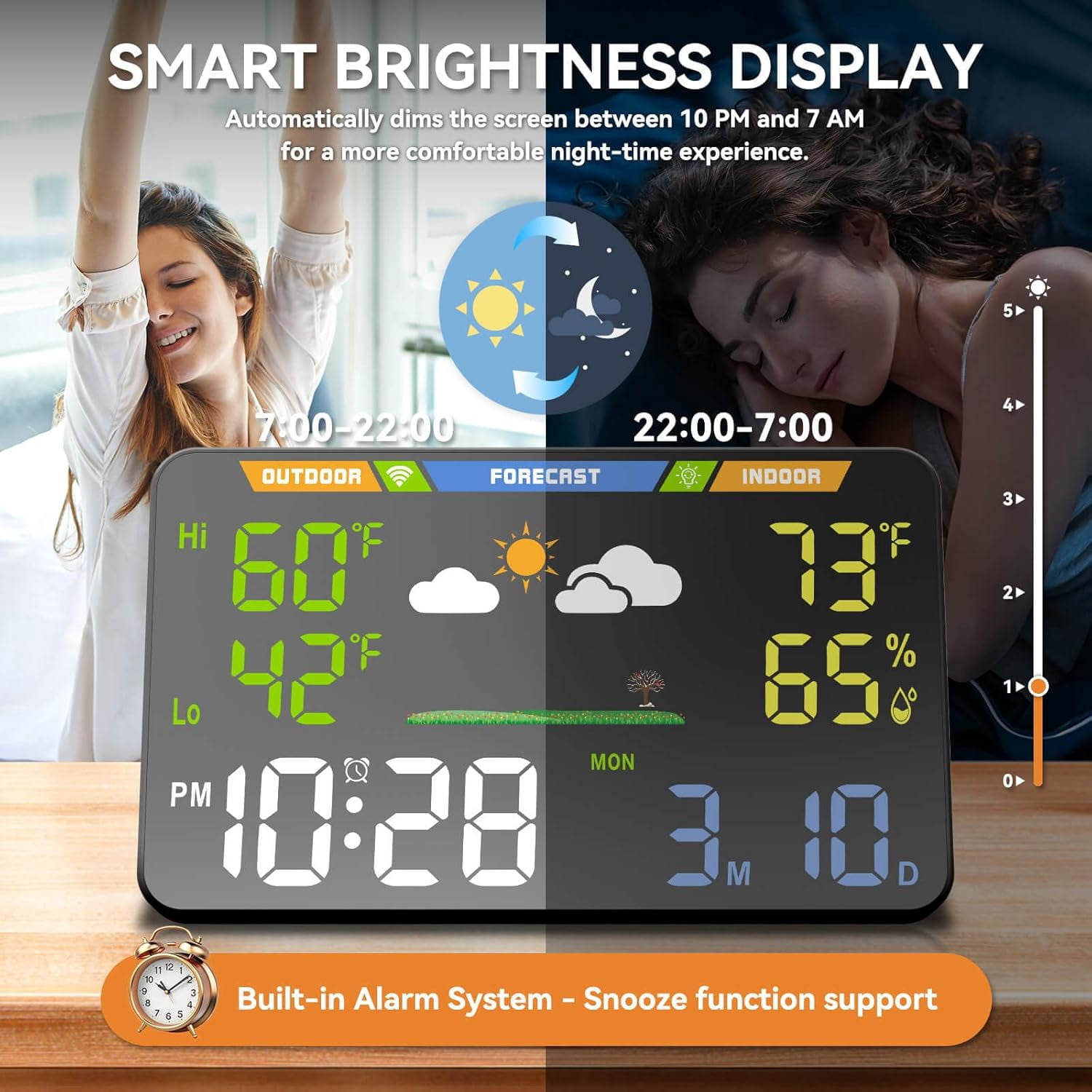 Wi-Fi Weather Station with Indoor Outdoor Temperature Humidity Monitor Wireless Forecast Display Digital Alarm Clock
