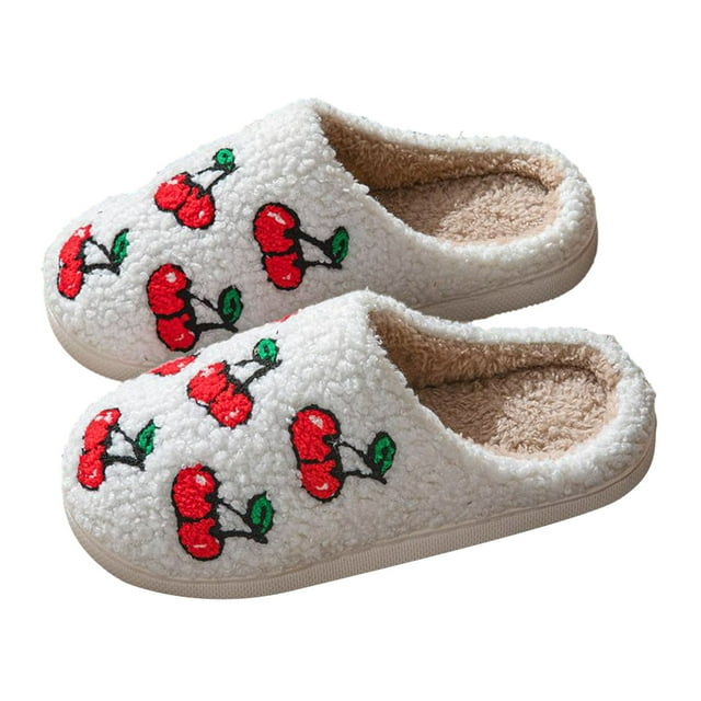 Pantoufles Fruitées pour Femmes Mignonnes Fraise Cerise Duveteuses en Mousse Mémoire Intérieur Chambre à Enfiler Chaussures de Maison Blanches