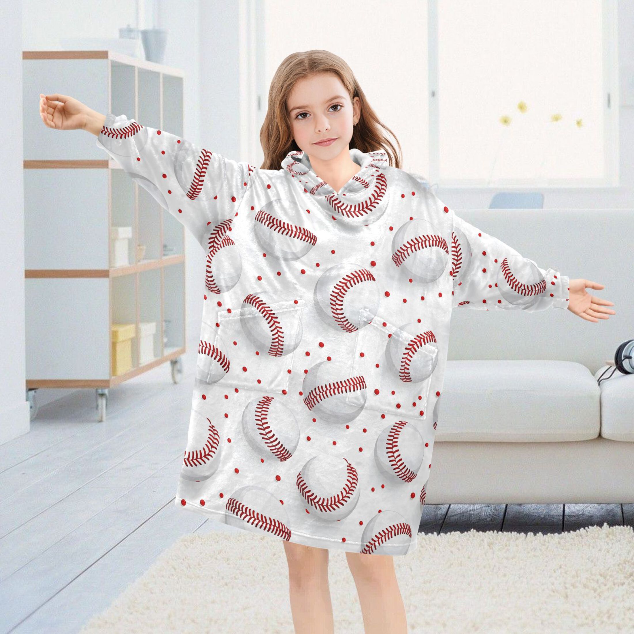 joogoo Blanket Hoodie for Baseball on White Oversize Sweatshirt 3-14 YR L