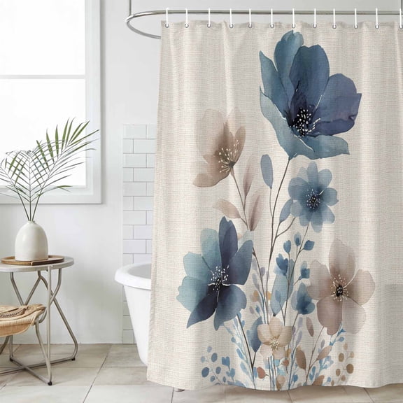 Bathroom Shower Curtain Vintage Blue Naked Flowers Waterproof Shower Curtains with Hooks, Country Floral on Linen Bath Curtains Bathtub Curtain Home Decor 36x72in