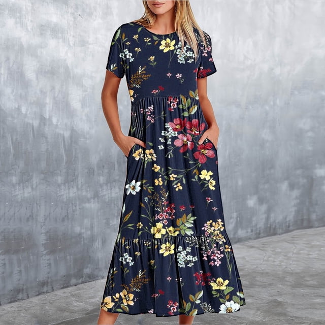 Robes pour Femmes 2024 Été Surdimensionné Manches Courtes Col Rond Ample Imprimé Fleurs Couleur Longue Robe 50 % de Réduction!