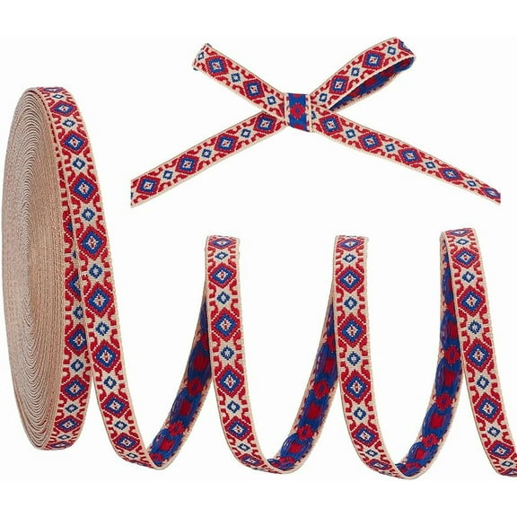 1set Ethnic style Embroidery Polyester Ribbons Jacquard Ribbon Garment Accessories Rhombus Pattern Orange Red 3/8 inch(10mm) about 16.59 Yards(15.17m)/pc