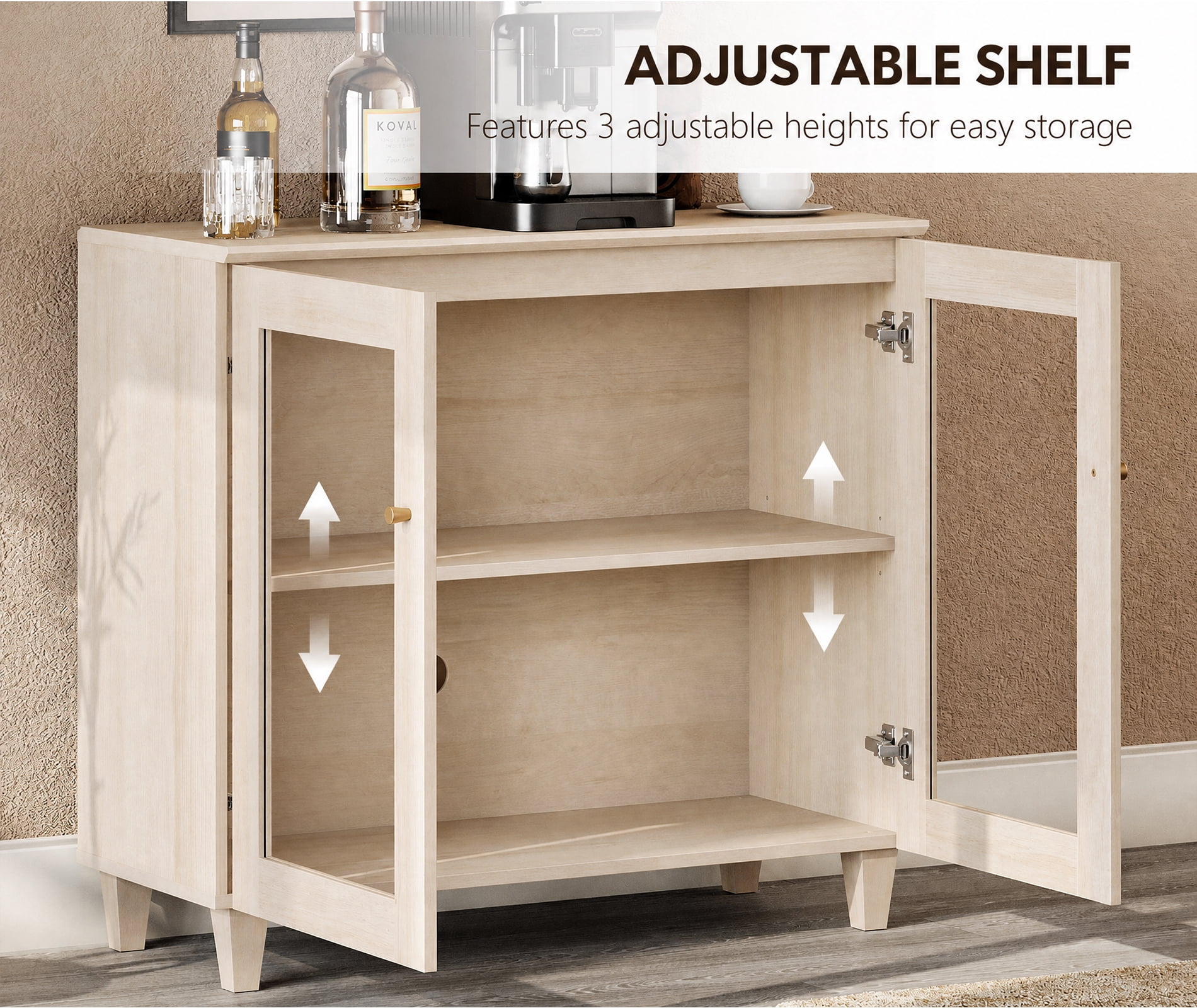 Large Bedroom Nightstands with Glass Doors - Set of 2, Bedside Table with Adjustable Shelf and Cable Management, White Oak