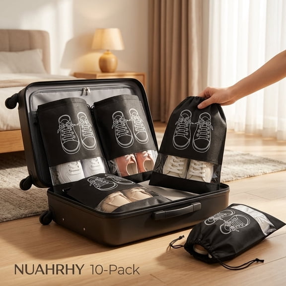 10 Pack Shoe Bags for Travel Drawstring Shoe Pouch for Gym Travel Shoe Bag with Semi Transparent Window Odor-Resistant for Packing in Luggage-black