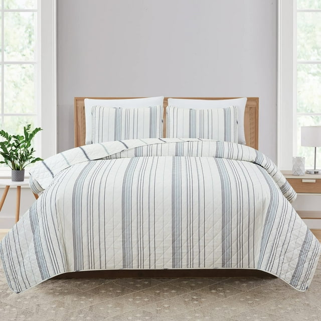 Market & Place Ensemble de Courtepointe Réversible 3 Pcs avec Taies d'Oreiller Couvre-Lit Doux et Léger pour Toutes les Saisons avec Motif Rayé Moderne Collection Sofia (Full/Grand, Ivoire/gris)