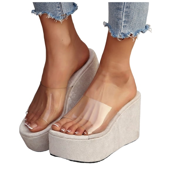 Rokment Women's Platform Wedges Dress Slip on Sandals Trendy Casual Open Toe Clear Band Chunky High Heels Beach Summer Heeled Walking Slides Slippers Beige Size 6.5