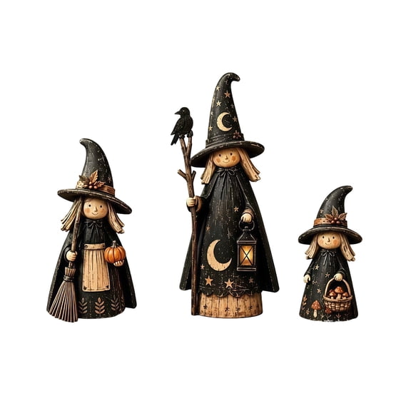 Set of 3 Rustic Wooden Witch Figurines for Halloween Farmhouse Tabletop Decor Vintage Distressed Seasonal Display