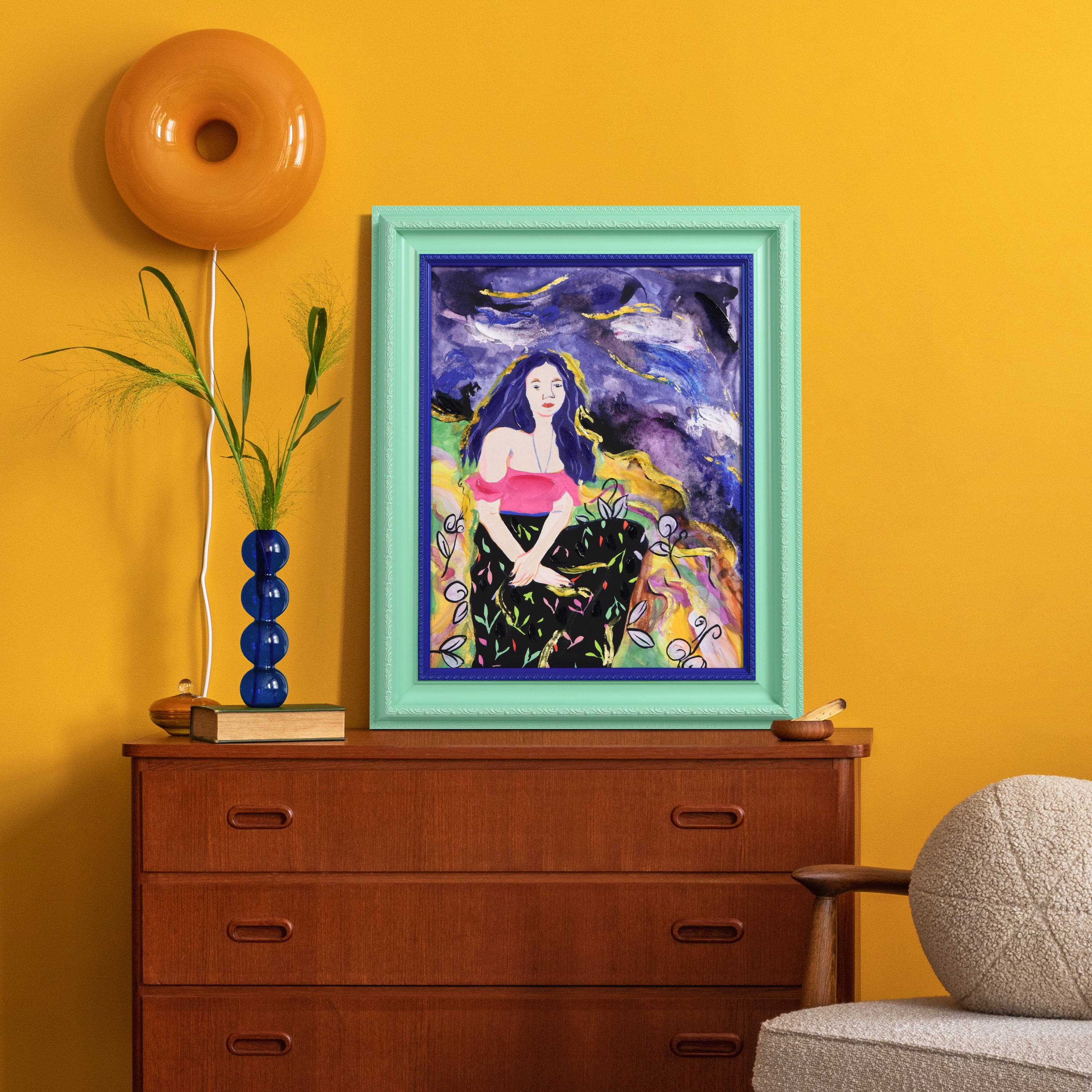 "Night Galaxy" Chromatic Hand Painted Embellished Giclee Portrait Canvas Wall Art with Baroque Two-Color Frame