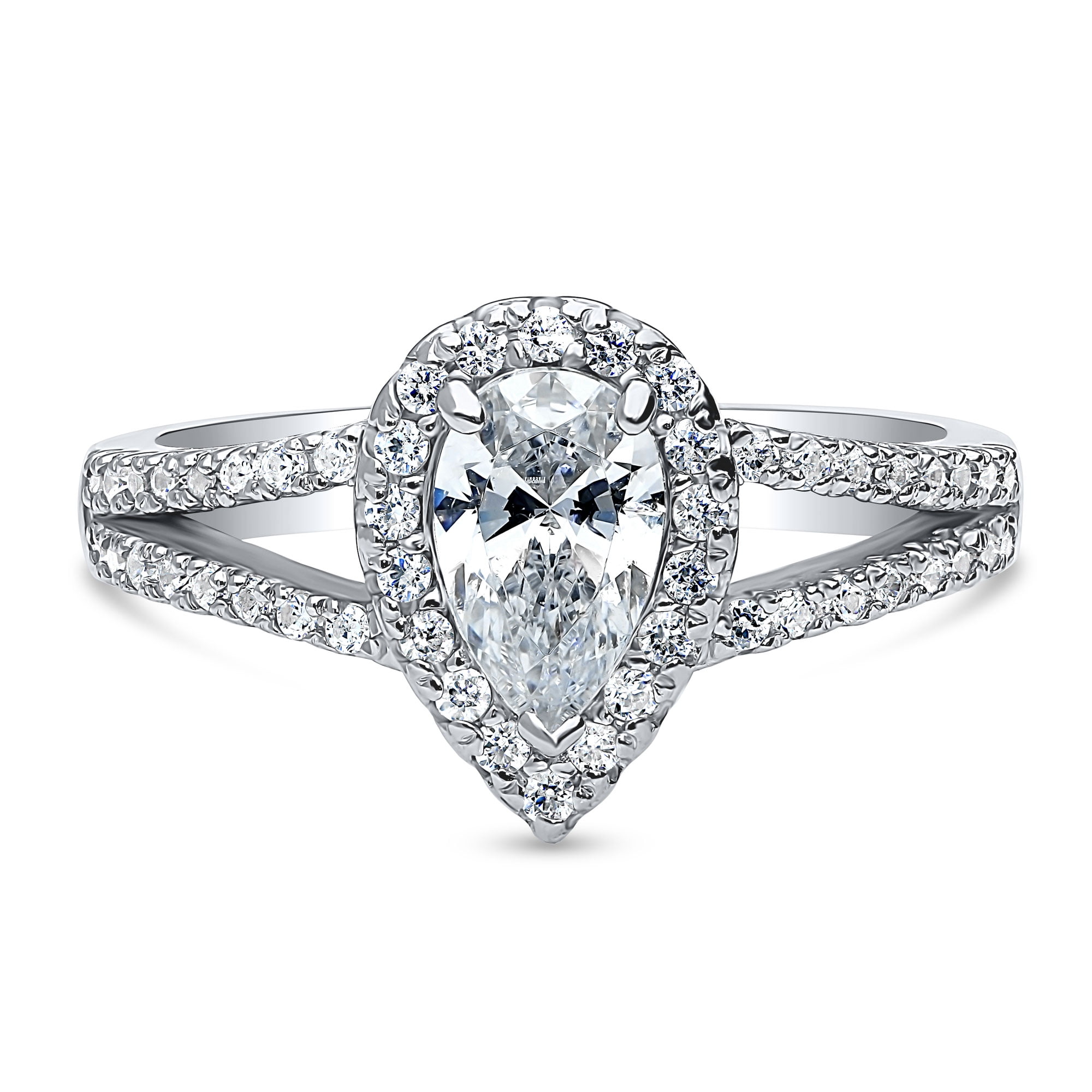 BERRICLE Sterling Silver Halo Wedding Engagement Rings Pear Cut Cubic Zirconia CZ Promise Split Shank Ring for Women, Rhodium Plated Size 9