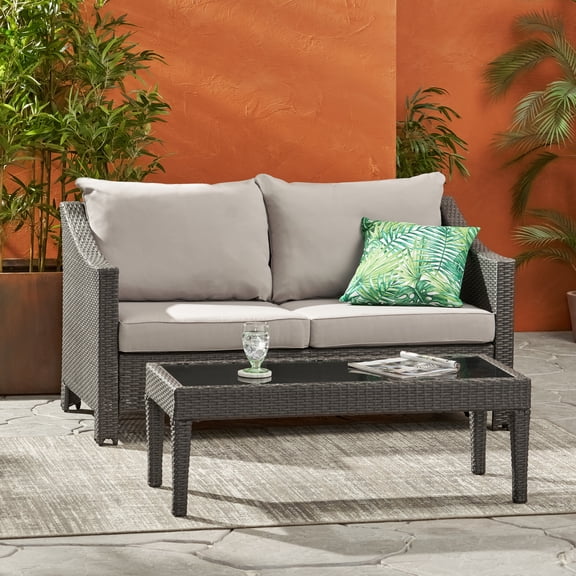 Zinkitool Wicker and Metal Outdoor Loveseat and Table Set, with Water-Resistant Cushions, Gray