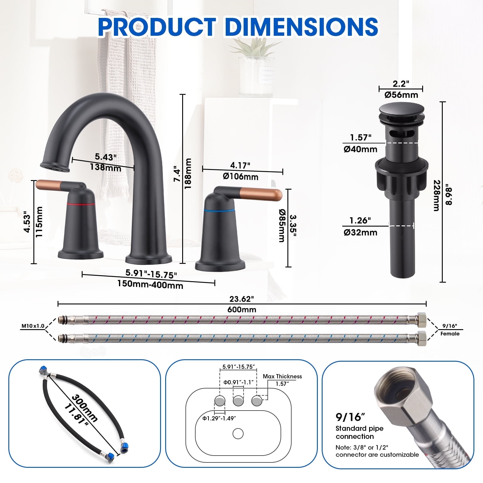 Wowkk Sanitary Ware Brass Bathroom Sink Faucet 2 Handles Widespread Bathroom Faucet 3 Hole, Pop-Up Drain and cUPC Supply Lines Included, Basin Faucets for Vanity Rv Restroom, Rose Gold Matte Black