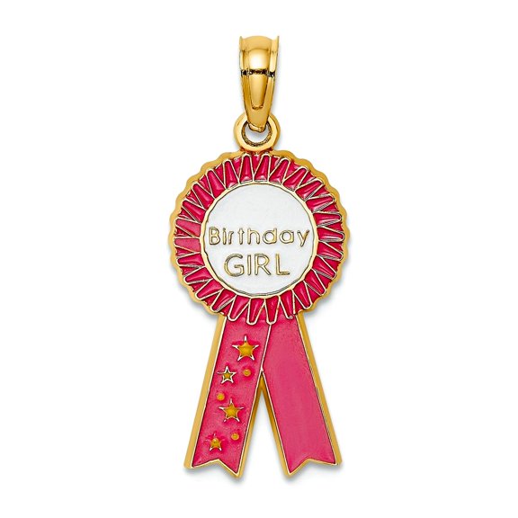 14k Gold Birthday Ribbon With Pink Enamel Charm 23.5x10.7mm Wide Pendant Necklace for Women