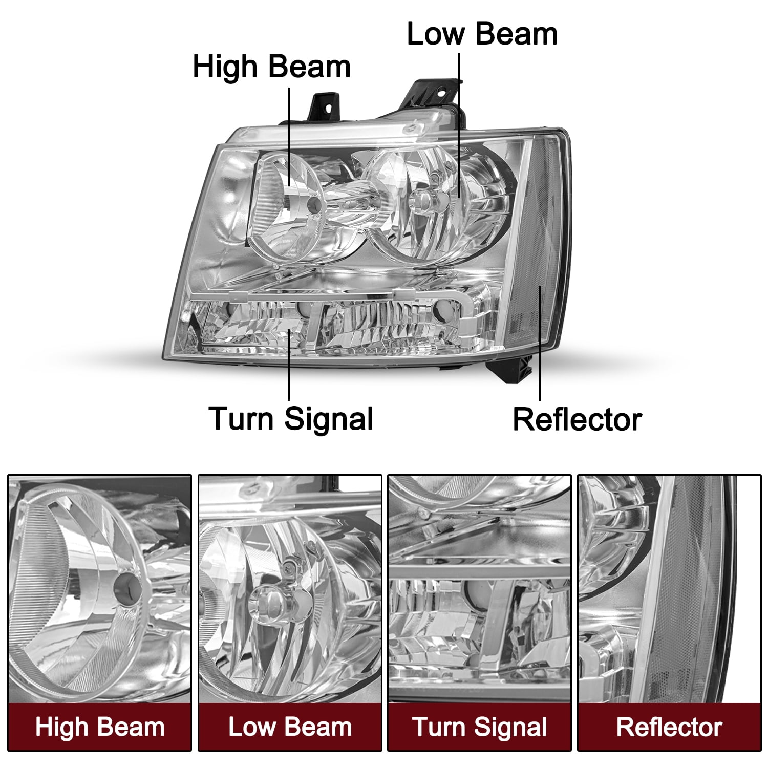 Chrome Headlights For 2007-2014 Chevy Avalanche Suburban Tahoe Headlamps LF & RH