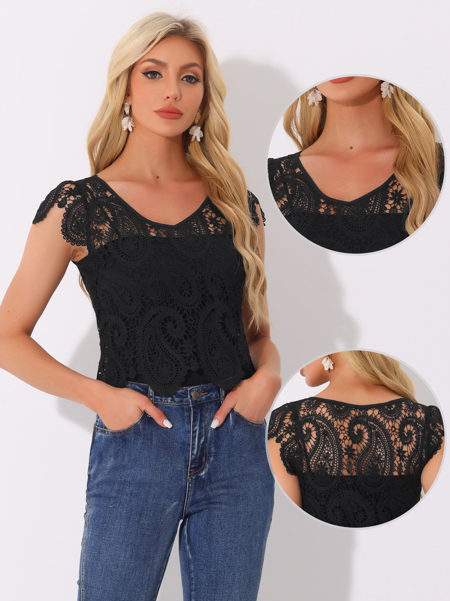 DARING DIVA Women's Sheer Crochet Boho Blouses with Scalloped Edges S Black