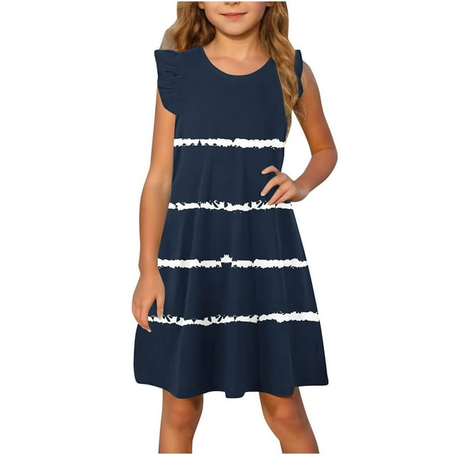 Économies d'Été! Robe d'Été pour Enfants, Robes Décontractées pour Filles en Liquidation, Robe d'Été à Manches à Volants pour Tout-Petits Filles 4-14T