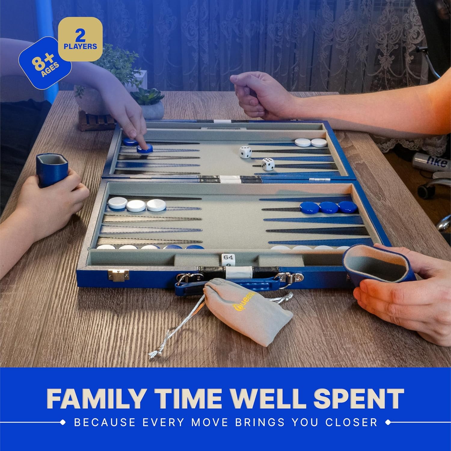 Queensell Backgammon Board Game Set – 15 inch Blue PU Leather for Adults