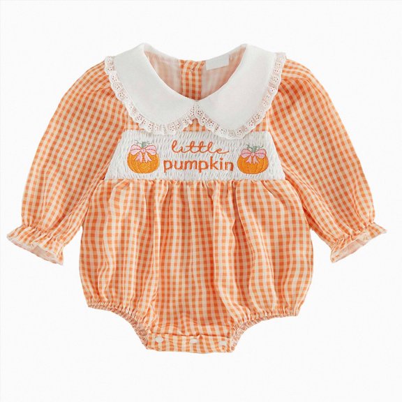 Baby Girl Halloween Pumpkin Smocked Bubble Romper Fall Outfit | Cute Halloween Romper with Pumpkin Embroidery, Plaid Print, Long Puff Sleeves and Smocked Details for Festive Fall Looks
