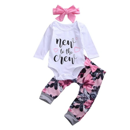 

TNGXXWL 3 Pcs Baby s Casual Suit Letter Print Romper Flower Trousers Bow Headband