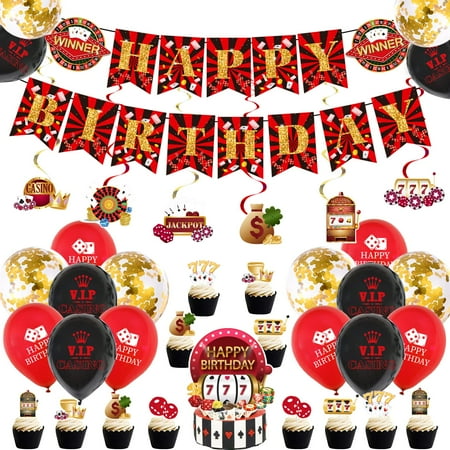 Chilfamy Casino Theme CORNET Decorations for Men Women, Supplies with Happy Birthday Banner, Hanging Swirl Decors, Cake Toppers, Balloons for Adults Casino Poker Game Night Events