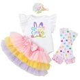 thumbnail image 2 of FASHOFT Baby Girl Easter Outfit Short Ruffle Sleeve Letter Print Romper Bowknot Tutu Skirt With Socks Headbands 4 Piece Outfits Set Multicolour1 12-18 Months, 2 of 7