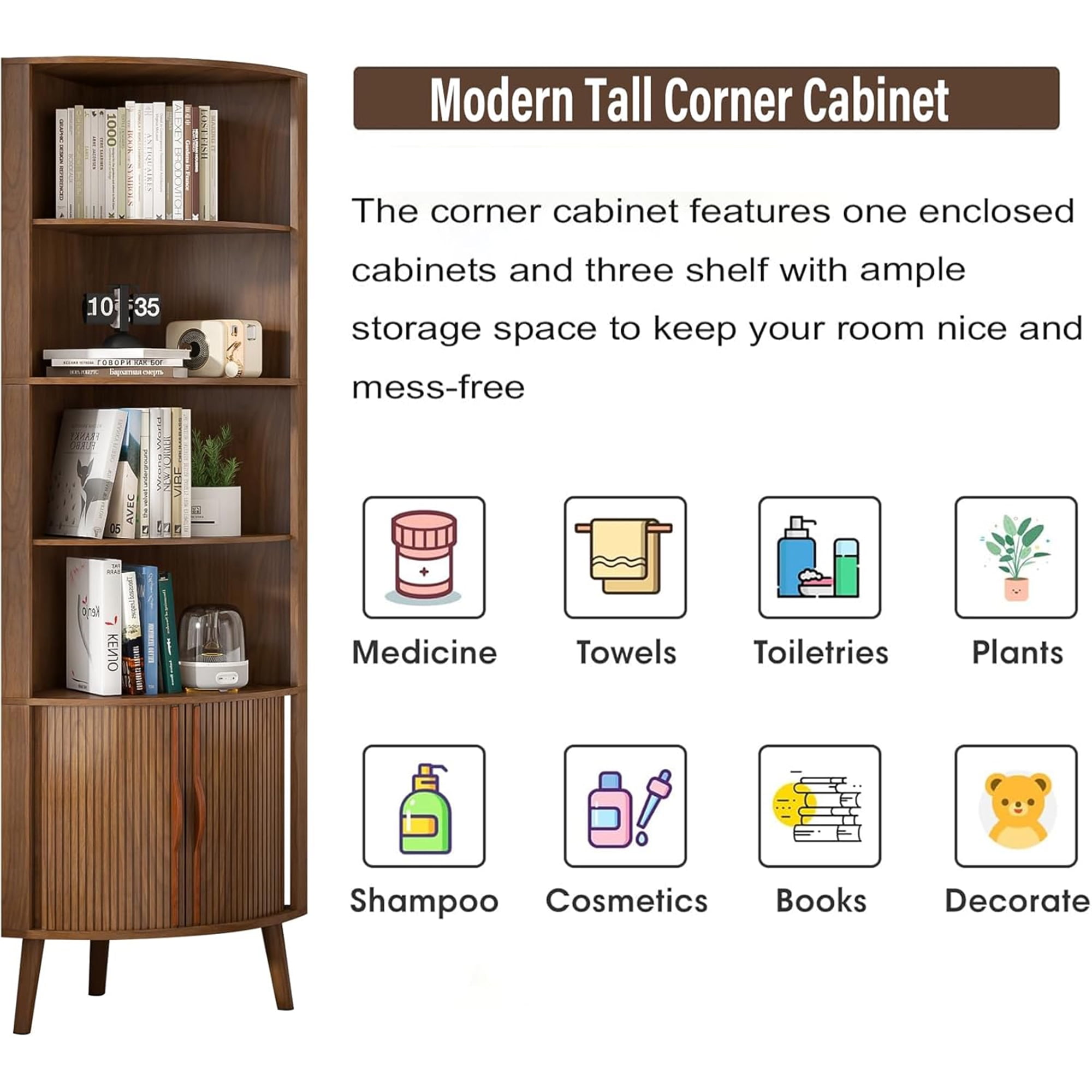 Bathroom Floor Corner Cabinet with Doors, Freestanding Narrow Storage Cabinets for Living Room, Kitchen, Walnut Color