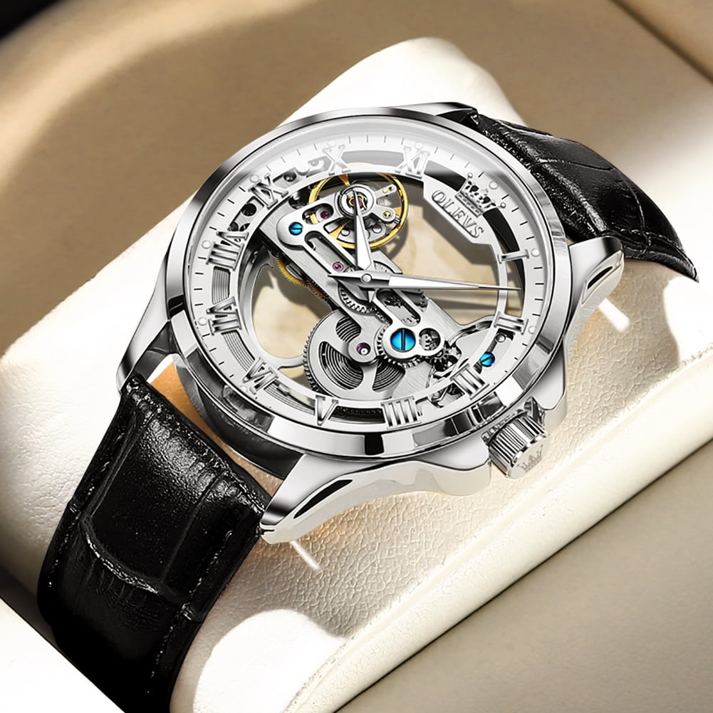 OLEVS Automatic Watches for Men Skeleton Black Leather Band Large Face Self Winding Mechanical Mens Dress Watches Waterproof Easy to Read Luminous Business Casual Mens Wrist Watches Reloj Para Hombre
