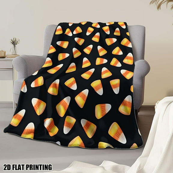 1pc Soft Flannel Candy Corn Blanket - Cozy All-Season Throw with Mustard-Yellow, White & Black Autumn Colors - Light Beige-Friendly Couch, Bed, Travel Companion - Halloween Home Decor & Fall Decorati