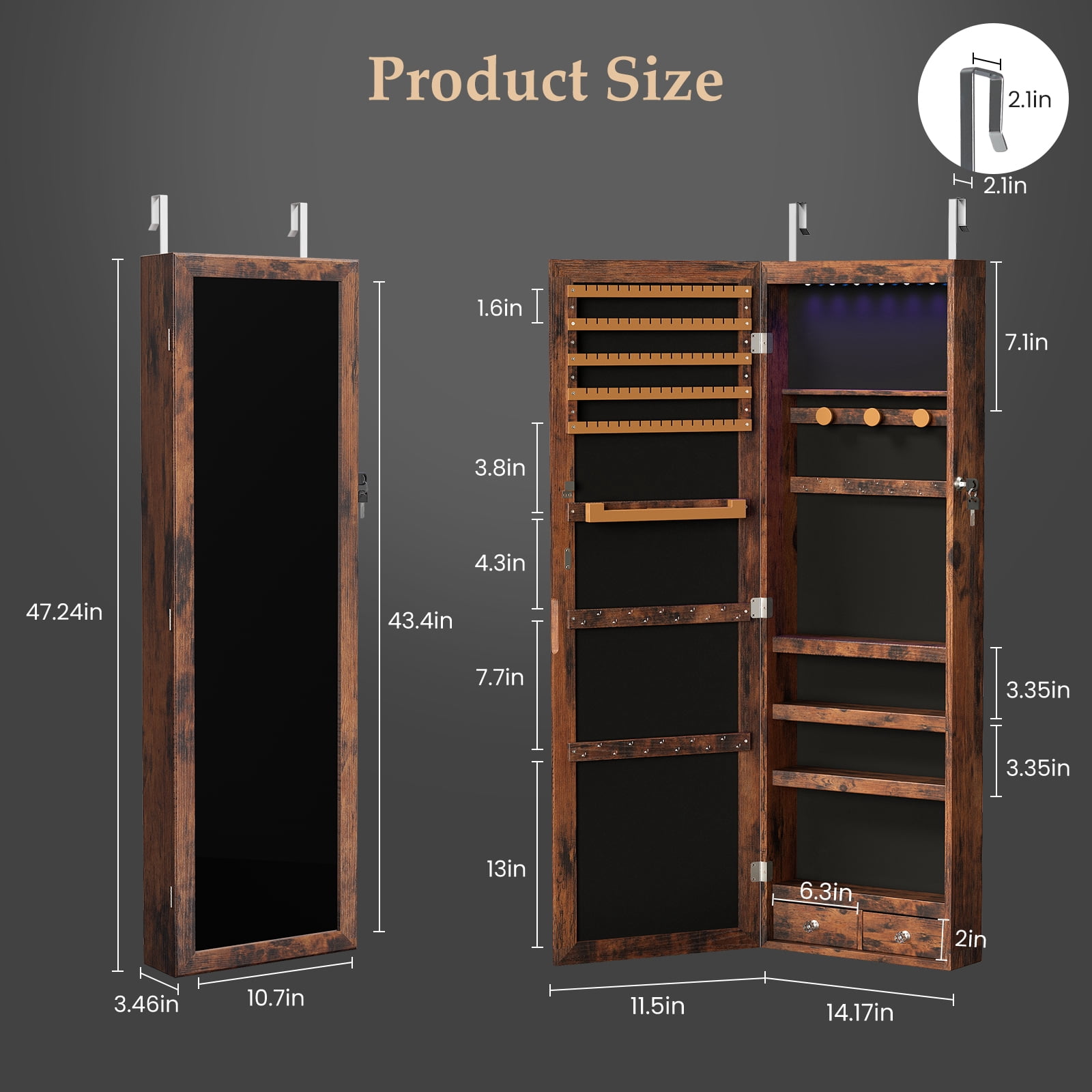 Jewelry Armoire with 6 LEDs Mirror, Mirror with Storage, Lockable Jewelry Storage for Wall or Door Mounted, Brown