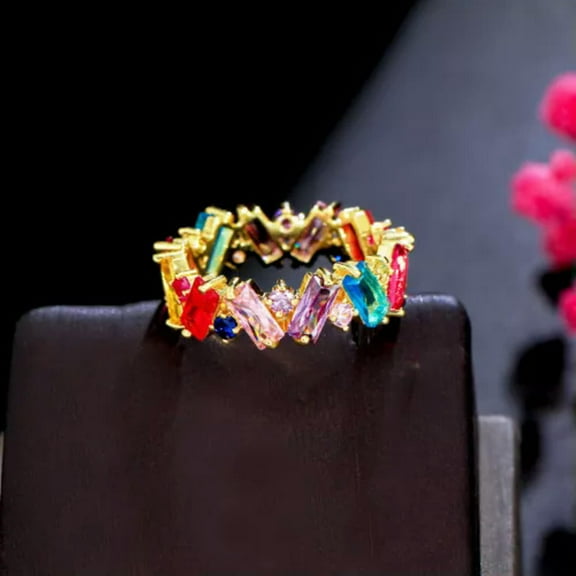 Colorful Oval Cubic Zircon CZ Yellow Gold Plated Rainbow Ring Costume Jewellery