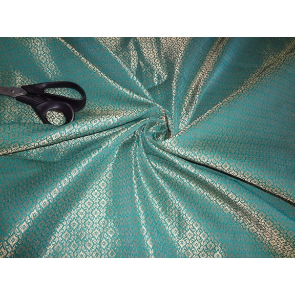 Brocade fabric peacock green x metallic Gold Color 44quot;