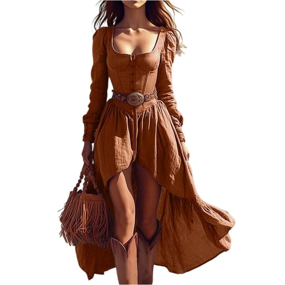 CharmCyan Women’s Long Sleeve Asymmetrical Hem Midi Dress with Belted Waist and Square Neck Cotton Blend Western Style Ginger L