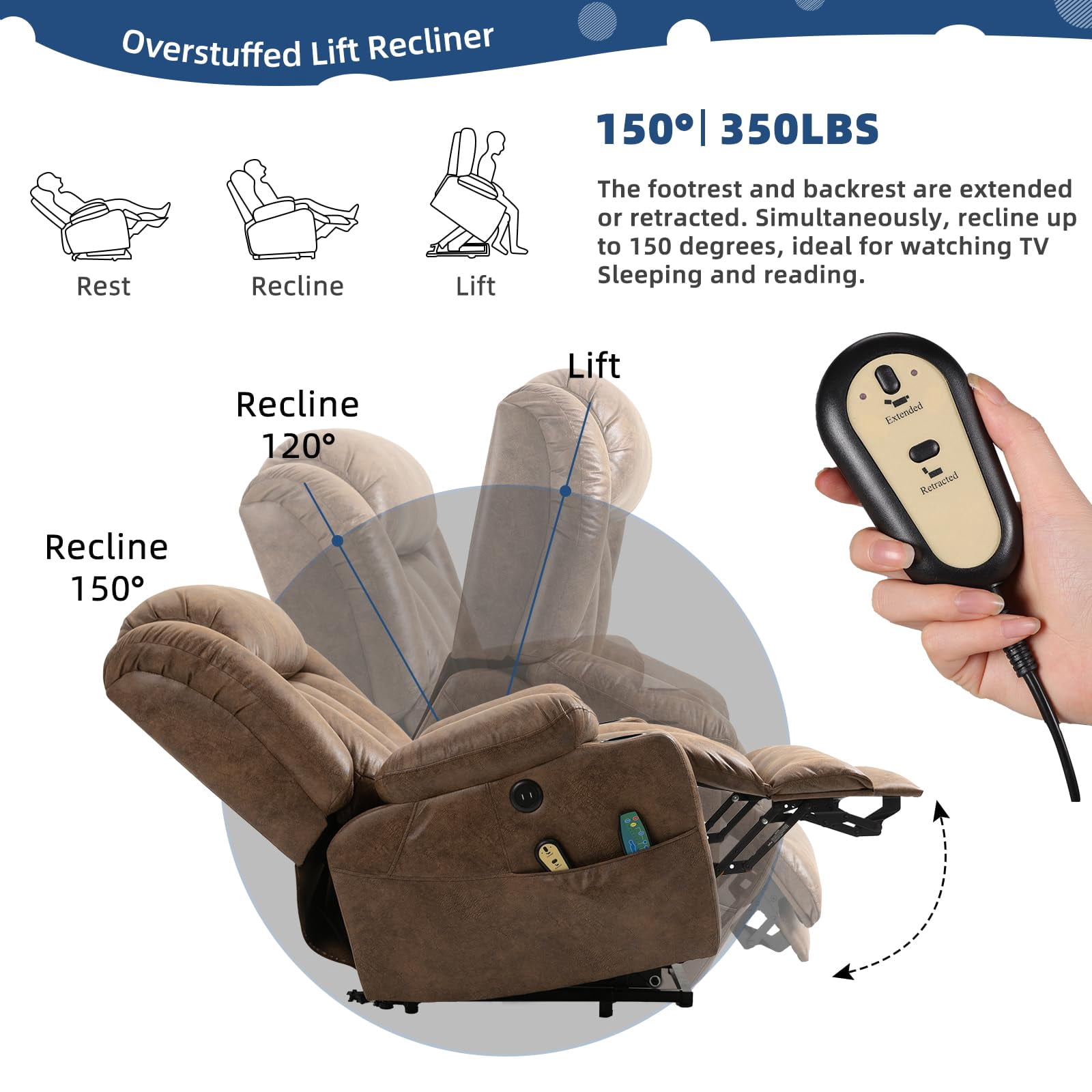 SOCIALCOMFY Large Electric Power Lift Recliner Chair with Extended Footrest for Elderly Big Man, Overstuffed Wide Massage Lounge Chairs with Heat, 2 Cup Holders, Side Pockets & USB Ports, Brown