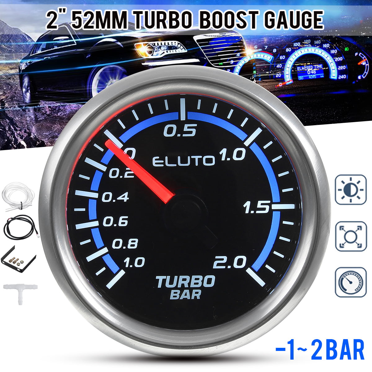 Eluto 12V 2" 52mm Coche Turbo Boost Gauge Medidor 10 Color LED Digital Pantalla Dual 