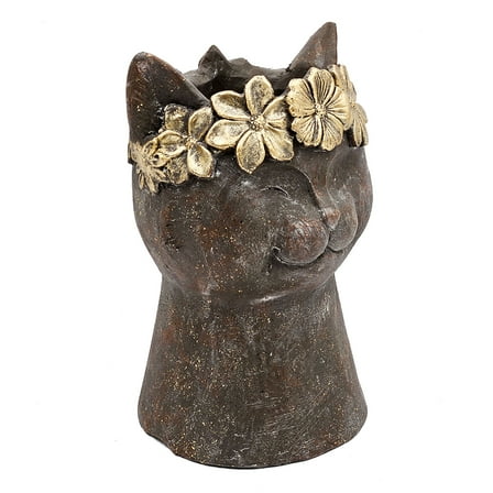 A&B Home Cat Head with Gold Wreath Magnesium Planter 8.5" x 7.7" x 12.4"