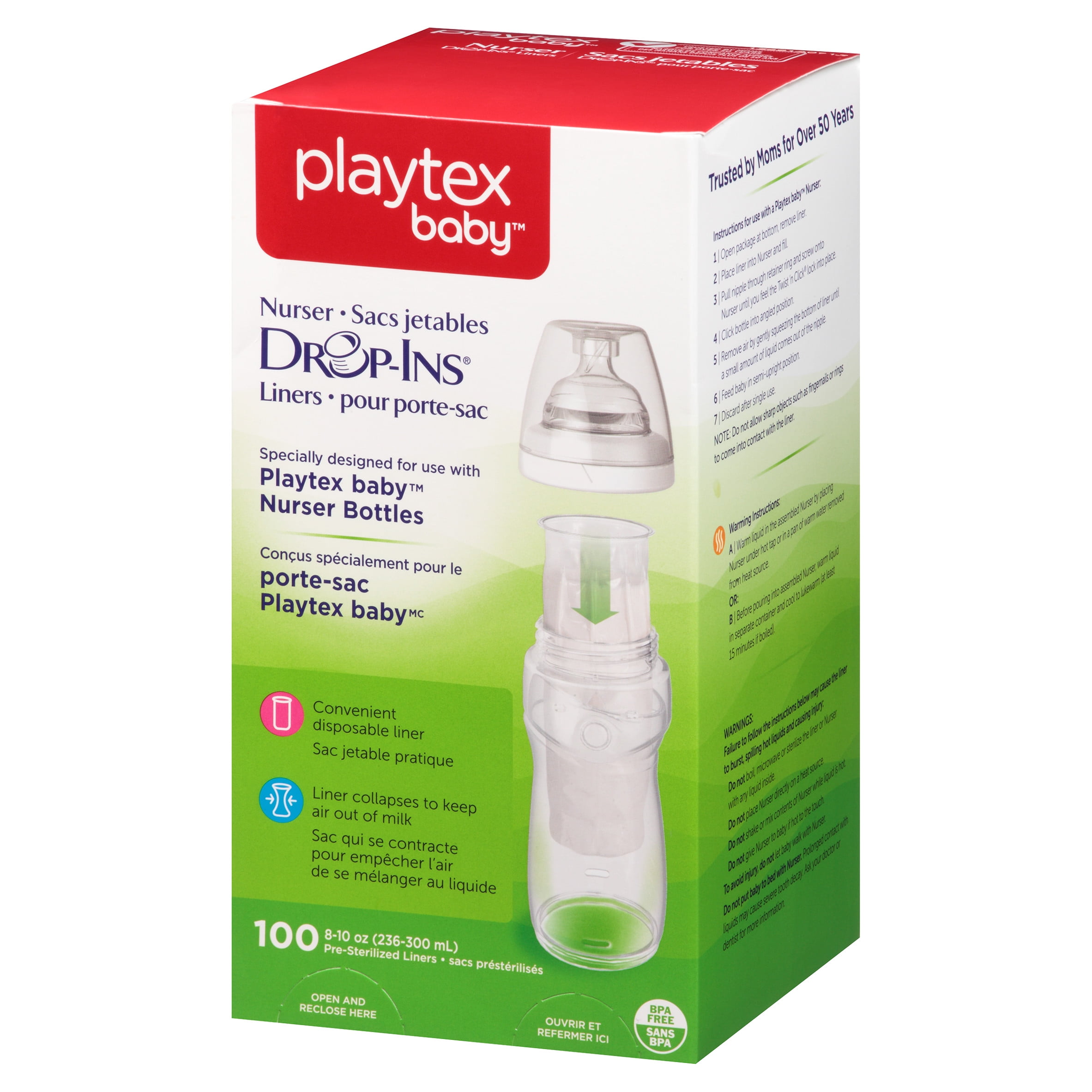 100 Count 8-10 oz New Playtex Nurser Bottle Liners Drop-Ins Free Shipping. 