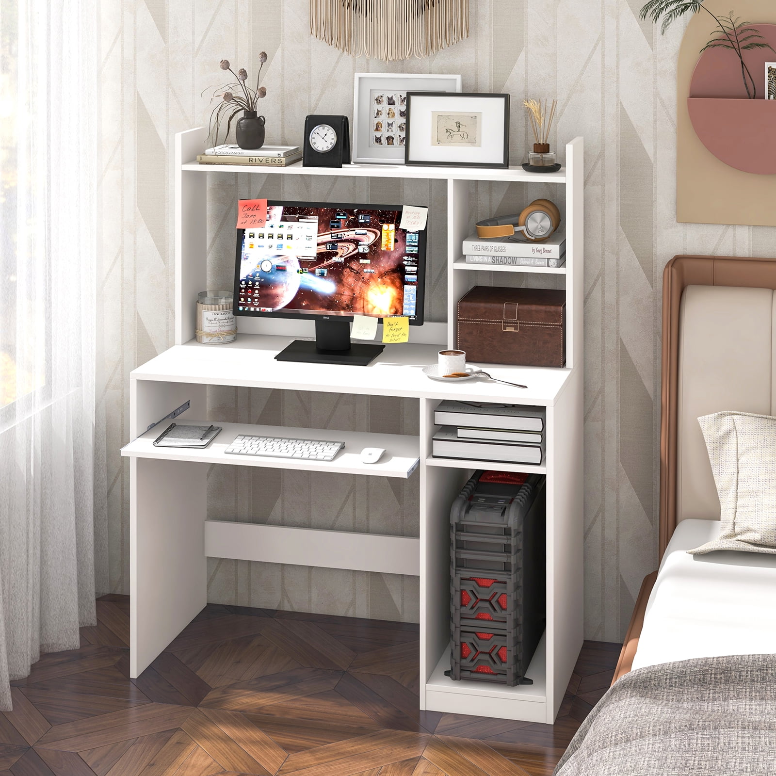 Topbuy Computer Desk w/ Charging Station 43.5” Gaming Table Workstation w/ Keyboard Tray CPU Stand & Storage Shelves White