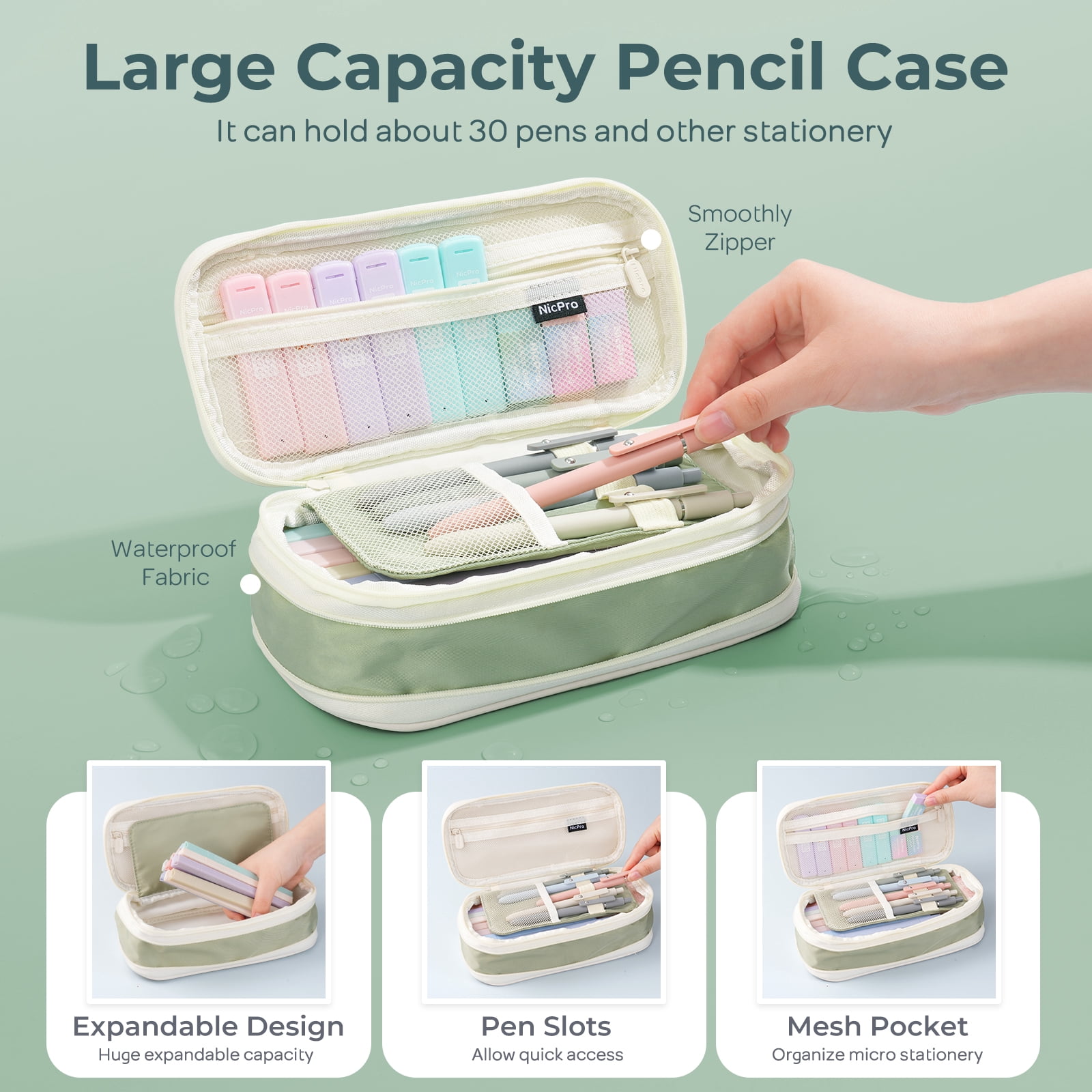 Nicpro 39Pcs Aesthetic Supplies with Big Capacity Pen Case, 12 Colors Chisel Tip Cute Highlighters, 5 Quick Dry Retractable Black Ink Pens, 6 Pastel 0.5 & 0.7 mm Mechanical Pencil