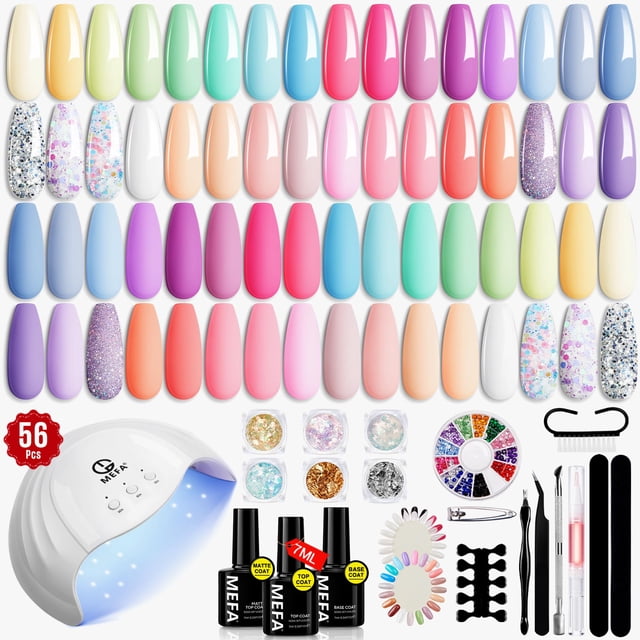 Kit de esmaltes de uñas en gel MEFA, 32 colores con luz UV, juego de 54 piezas